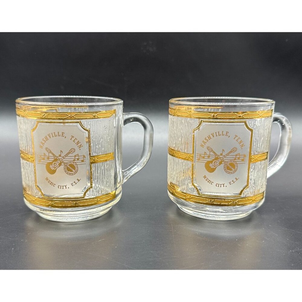 Vintage Nashville Music City USA Souvenir Mugs By Culver 22K Gold Luminarc Glass